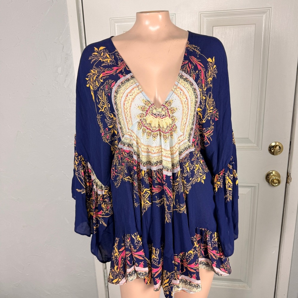 Free People Women's top Small Sunset dreams Kimono sleeve Boho Tunic R3-8